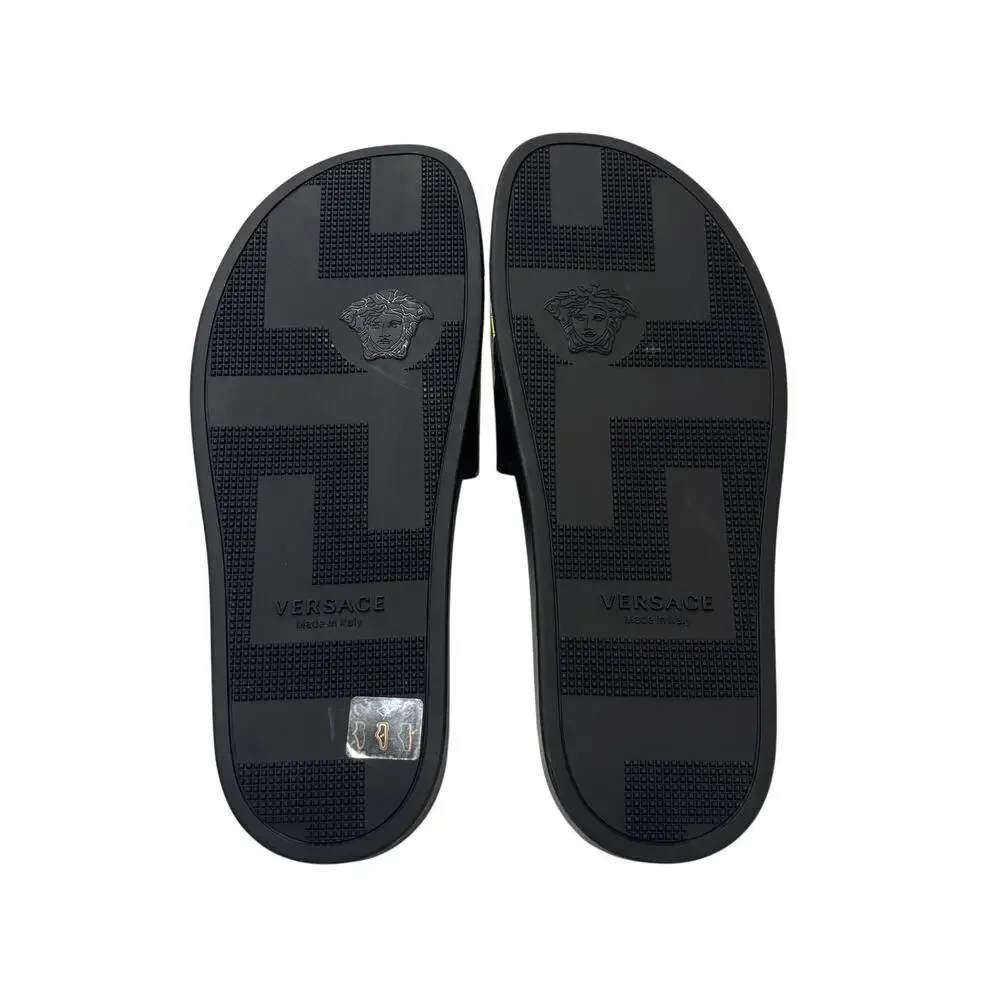 6-99 VERSACE Men's Baroque Sandals Leather Black Gold Size IT42/US8.5-9